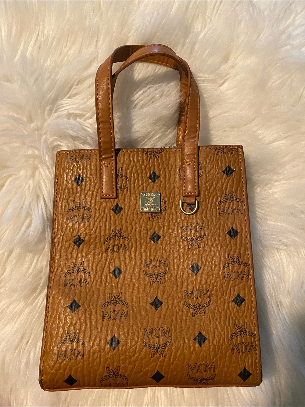 MCM Cognac Brown Mini Tote with Black Logo Print